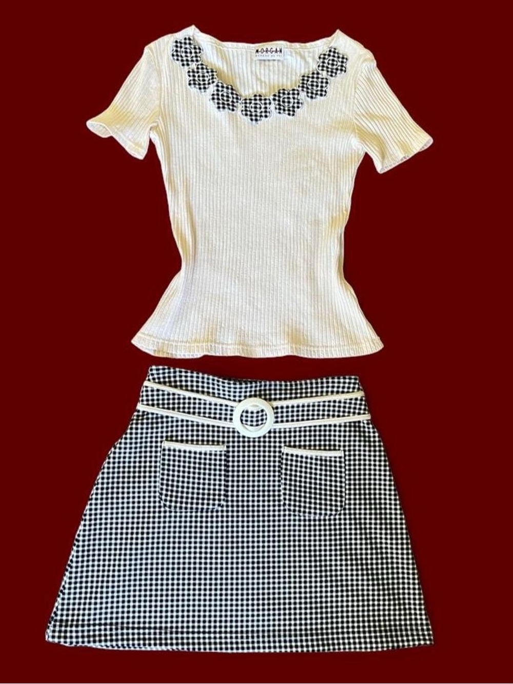 MORGAN DE TOI • y2k 90s mod gingham daisy 60s style vintage coord mini skirt set